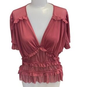 Willow and Root XS Tiered Ruffle Mesh‎ Flutter Sleeve Smocked Waist Peplum Top